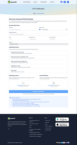 Screen Capture - KYC Verification - Free Temporary Phone Numbers for SMS Verification _ - quackr.io