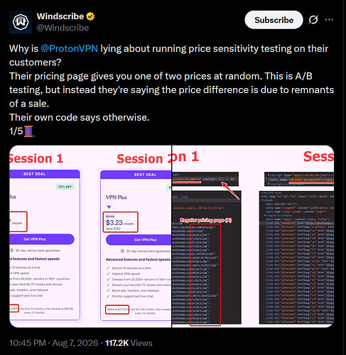 WINDSCRIBE_Proton VPN AB Testing Accusation
