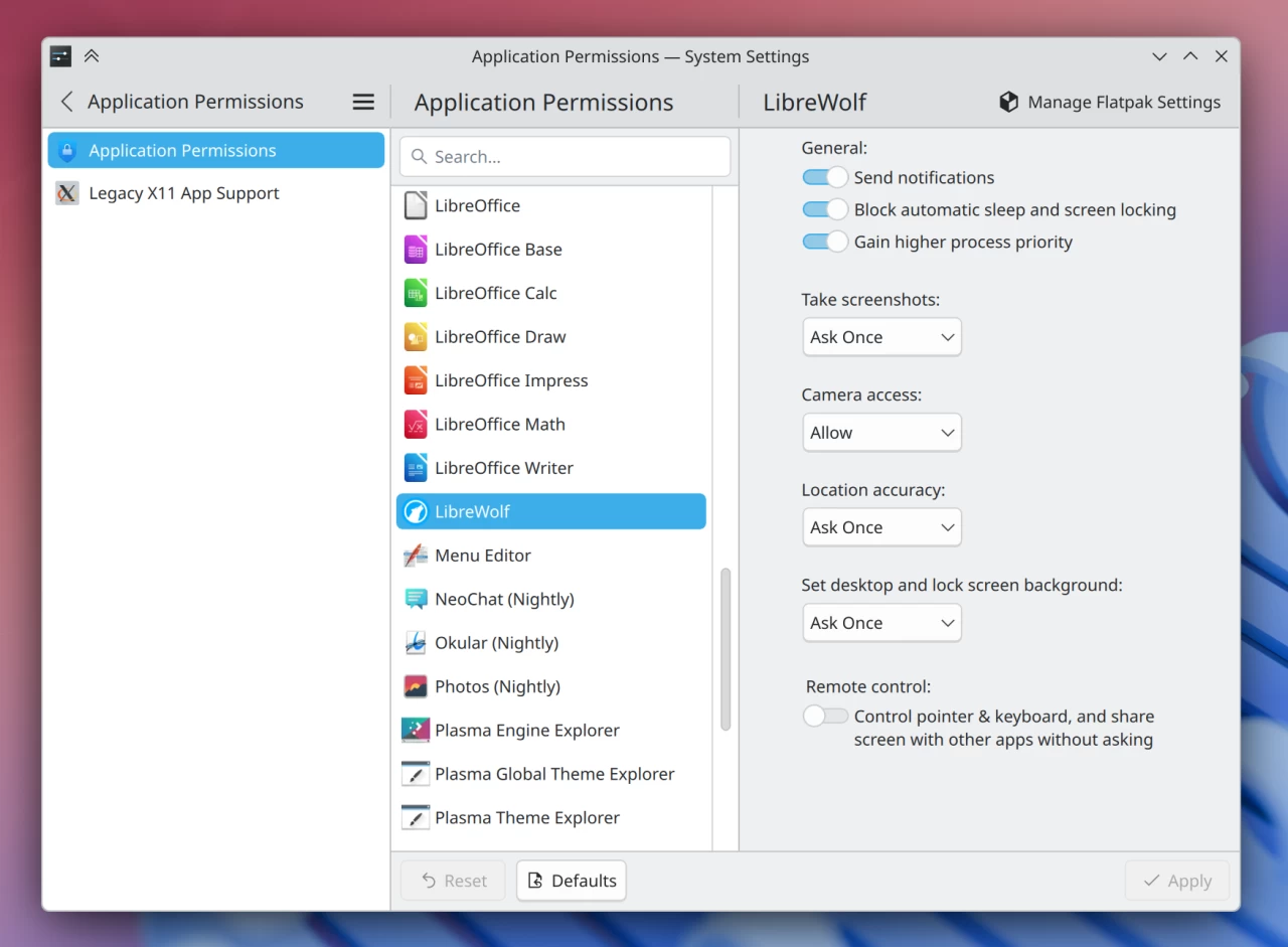 System Settings app permissions page